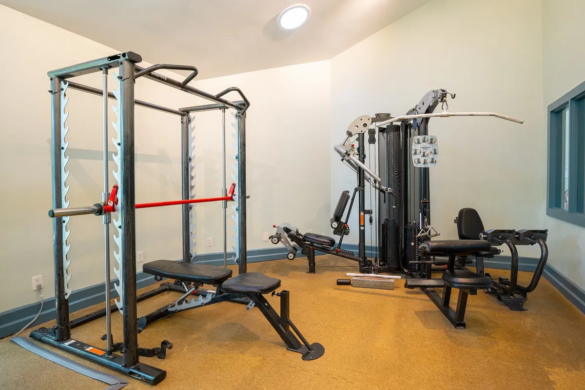 An interior fitness center with weightlifting equipment, a multifunctional gym machine, and open floor space. The bright, motivational atmosphere supports active pursuits, ideal for morning workouts or fitness routines before a day of adventure.